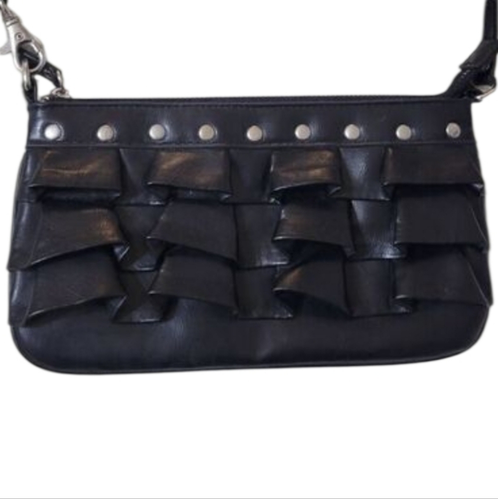 Steve Madden Black Studded Ruffle Clutch Wristlet Leopard Lining Y2k Vintage Bag